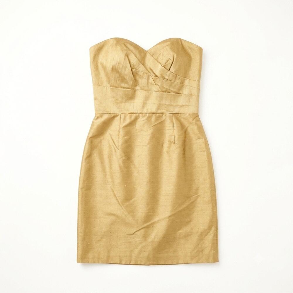 Siri Dupioni Pure Silk Ruched Cocktail Dress Gold Strapless Sweetheart Womens 6